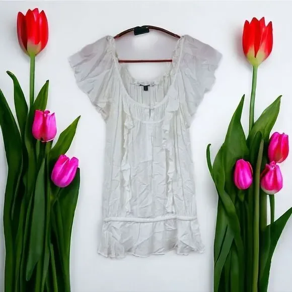 Express Frilly Solid White XS Ruffle Sleeve Peplum Top Ruffle Front Keyhole - Picture 9 of 9